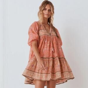 SPELL & THE GYPSY Seashell Boho Mini Dress Coral Pink Tan Sz XS $265 {3S13}